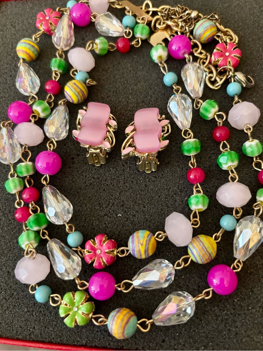 Colorful Multi-Bead Necklace and Clip-On Earring Set - Pink, Green, Blue